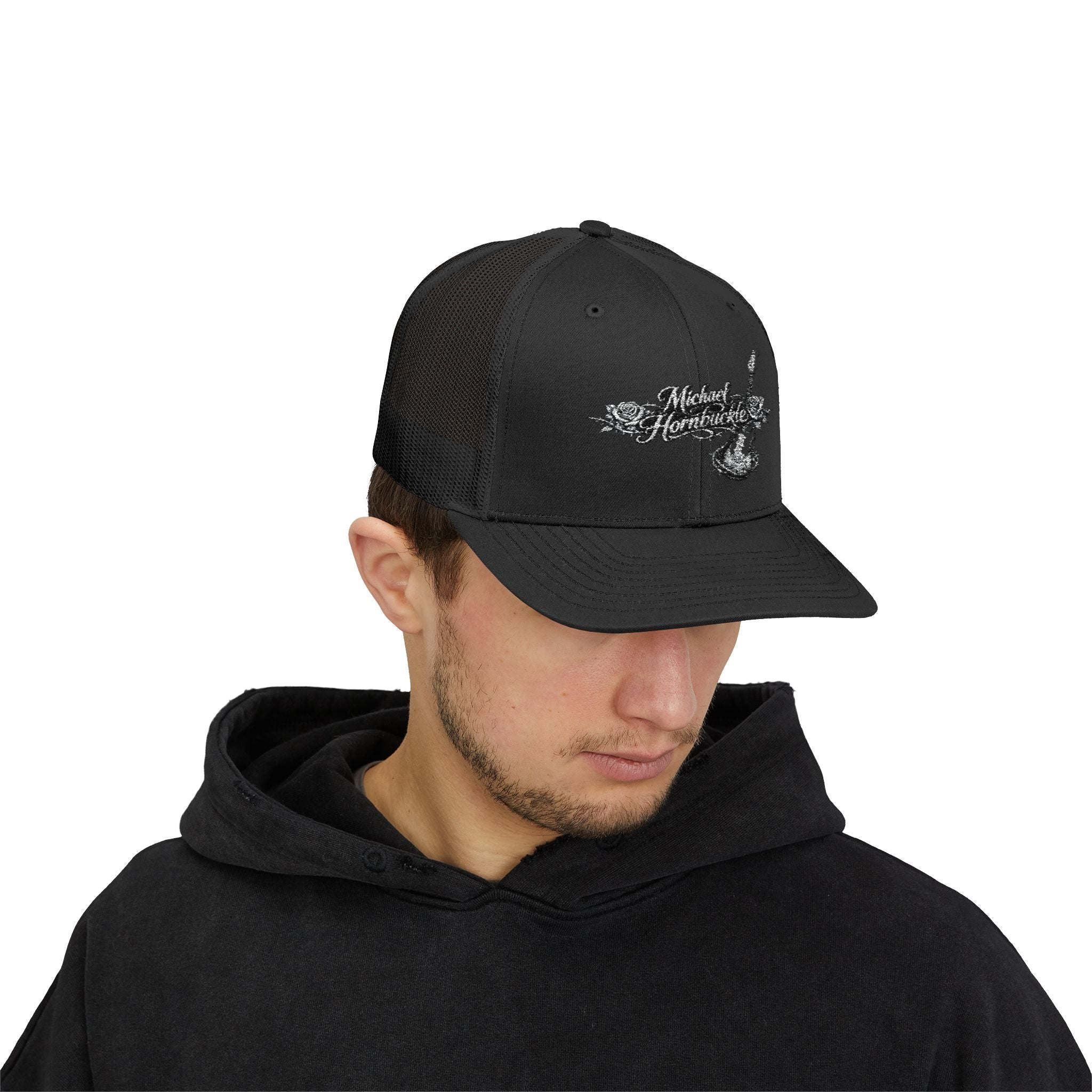 Embroidered Rose Guitar Snapback Cap — "Midnight Heartbreaker" Trucker Hat