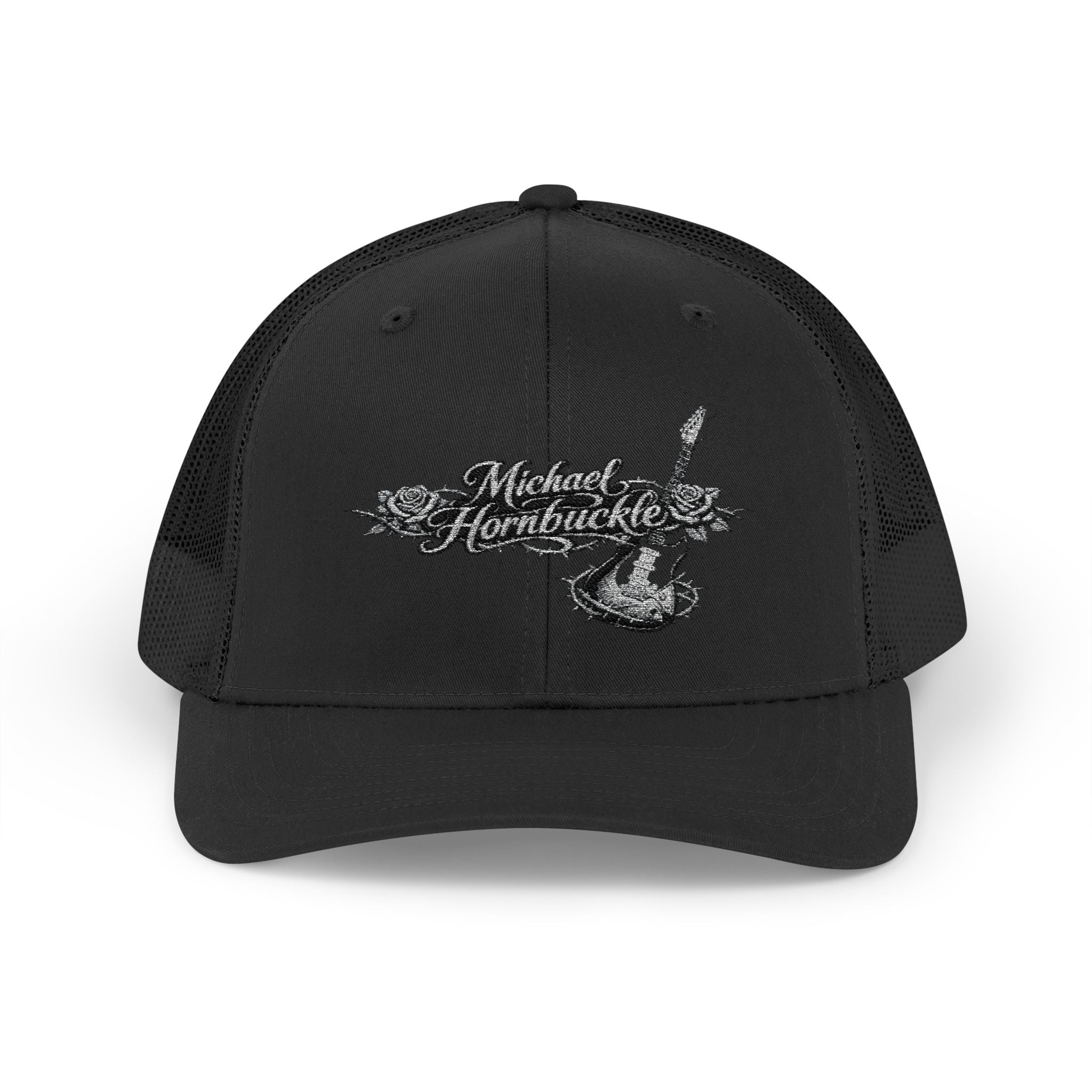 Embroidered Rose Guitar Snapback Cap — "Midnight Heartbreaker" Trucker Hat